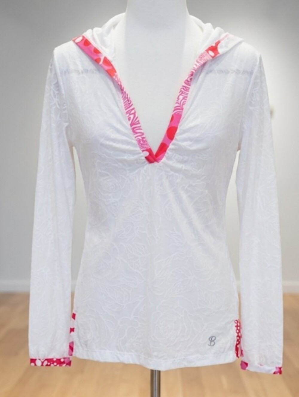 White Hooded Active Top with Pink Accents (Sz M) Performance Athletic Beach Pool